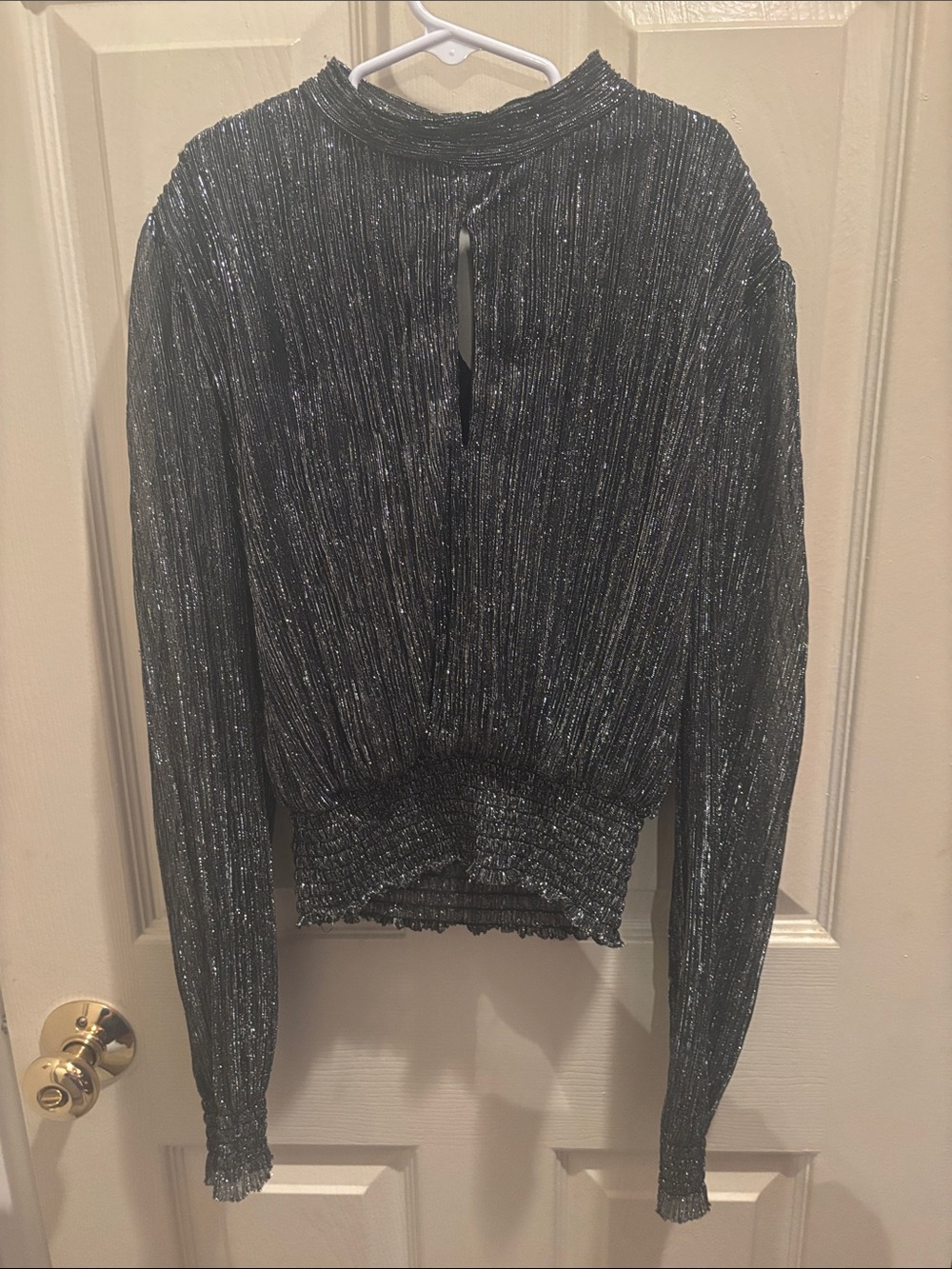 Shimmery Black Metallic Pleated Long Sleeve Top, girls 10-11 yrs